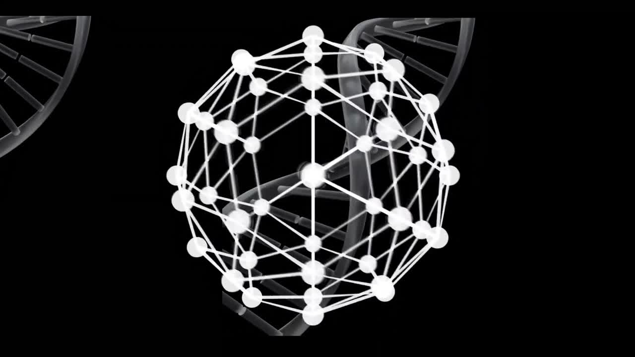 animación de una cadena de adn girando con un globo sobre un fondo negro