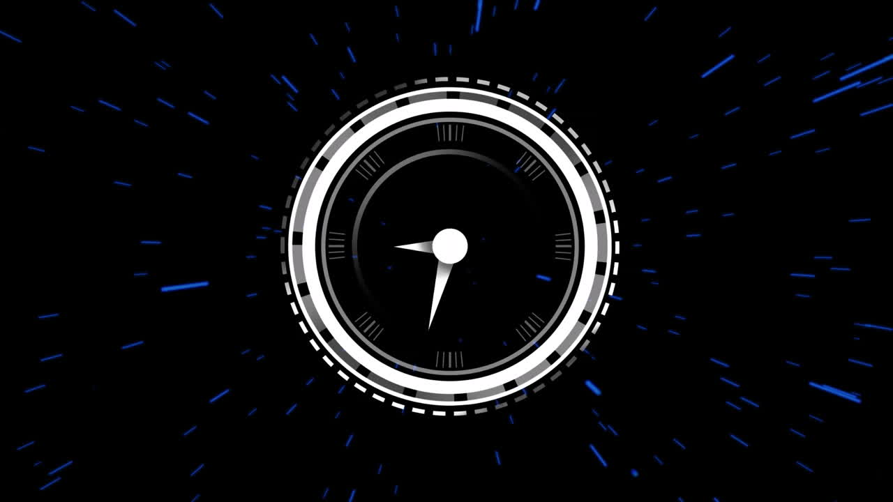 어두운 배경 위의 데이터 처리 및 시계의 애니메이션