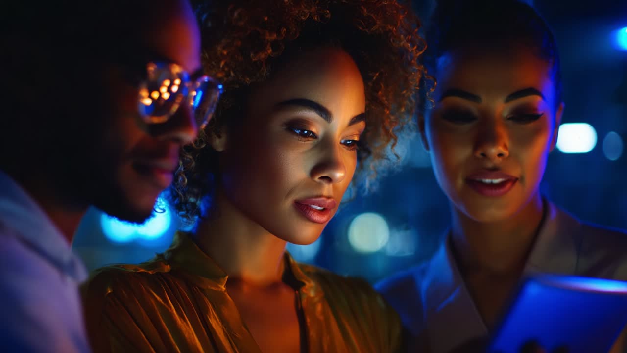A Nighttime Gathering: Friends Engaged in an Enchanting Moment of Connection as They View a Bright Screen, Illuminated by Gentle Blue and Warm Lighting in a Cozy Urban Setting