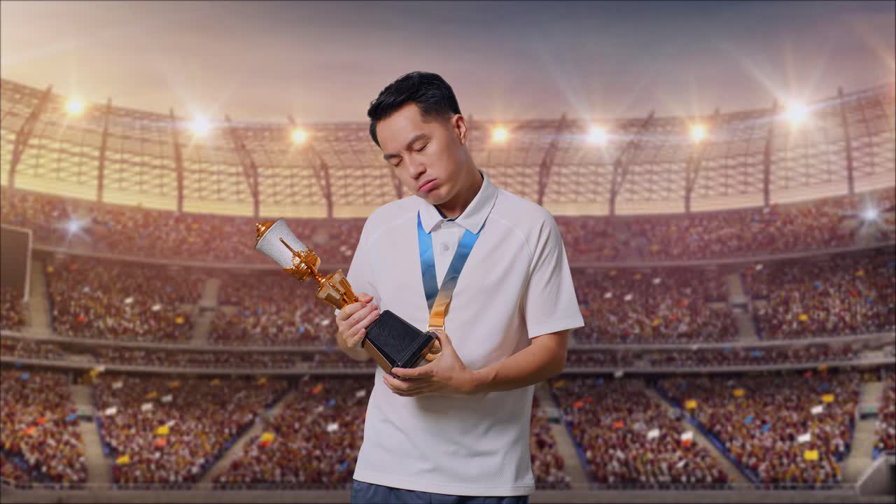 금메달을  아시아인이 트로피를 쳐다보며 머리를 흔들며 불만을 표하며 경기장에서 첫 우승을 차지했습니다.