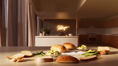 table with bread and fresh ingredients in a modern kitchen