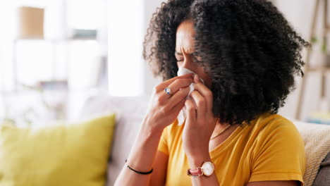 Black-woman,-blowing-nose-and-tissue-in-home