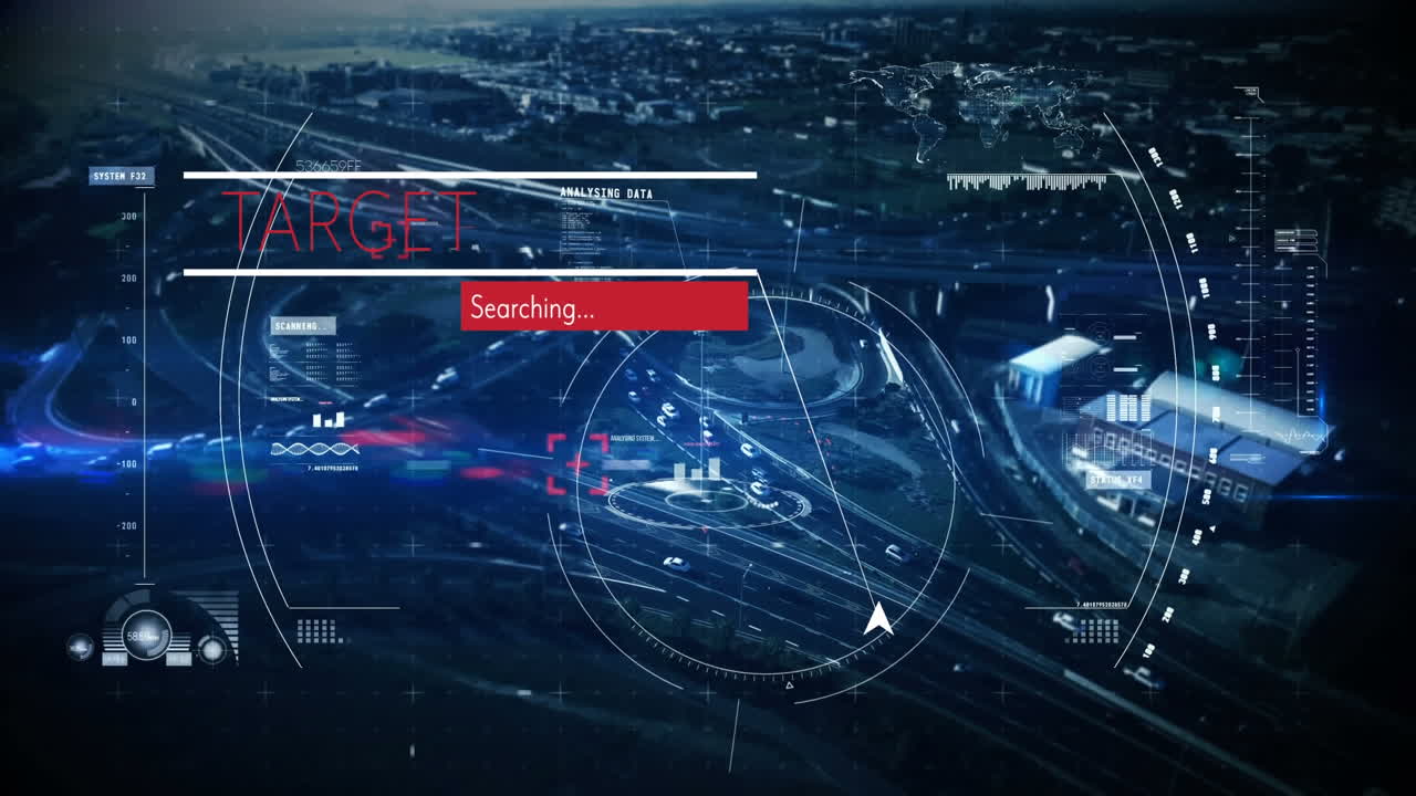 Target searching text and scope scanning over cityscape | Premium Stock ...