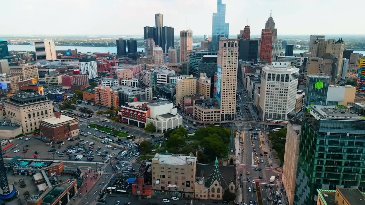 Detroit, USA, 28 July 2025: Downtown of modern city filled with numerous cars. Hectic lifestyle of Detroit, Michigan, USA. Aerial view
