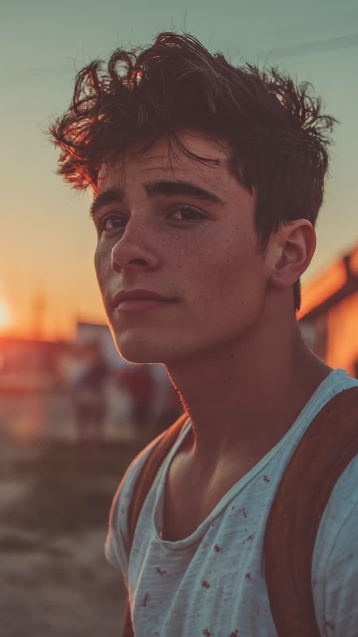 Primo piano di un giovane uomo con capelli ricci su uno sfondo al tramonto, che cattura un momento di riflessione ed emozione in un ambiente meraviglioso