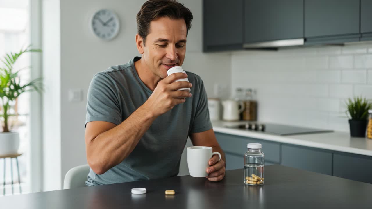 A Man Enjoying His Morning Routine with Supplements and Coffee in a Bright Kitchen Setting