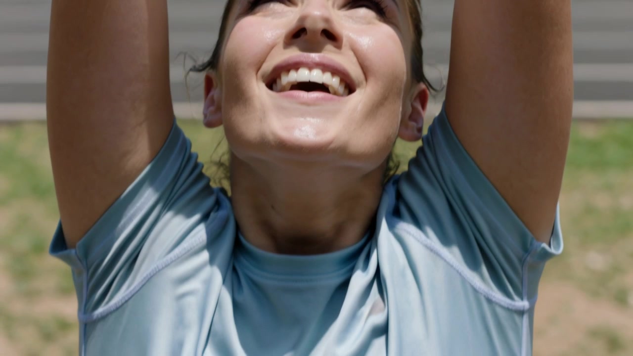 Raising lowering arms, athlete cheering after goal on field making fist wearing blue top, headband