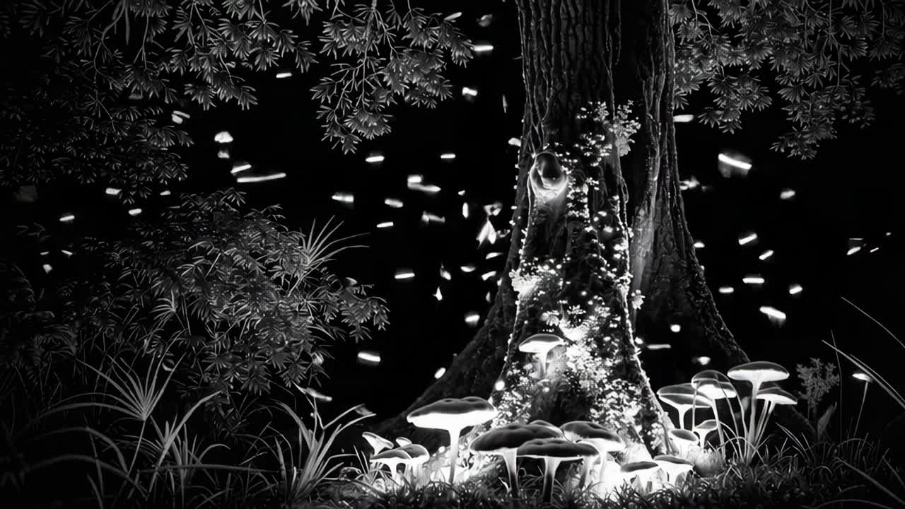 밤에는 신비로운 숲에서 반이는 버섯과 반불이