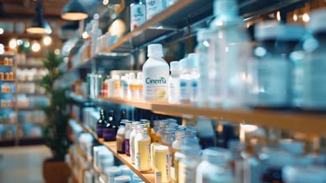 pharmacy shelves with medications and supplements
