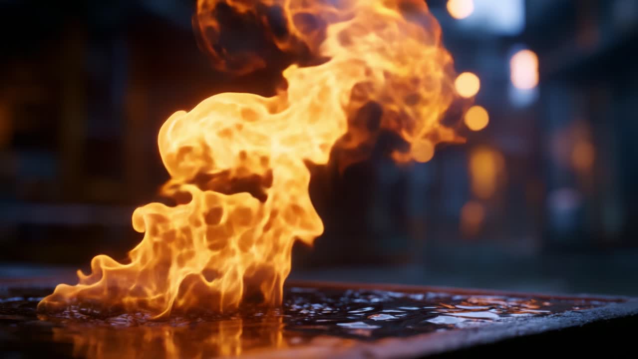 Betagende flammernes dans: En glødende fremvisning af flammende farver og dynamisk bevægelse i et urbant miljø med en stemningsfuld baggrund af slørede lys
