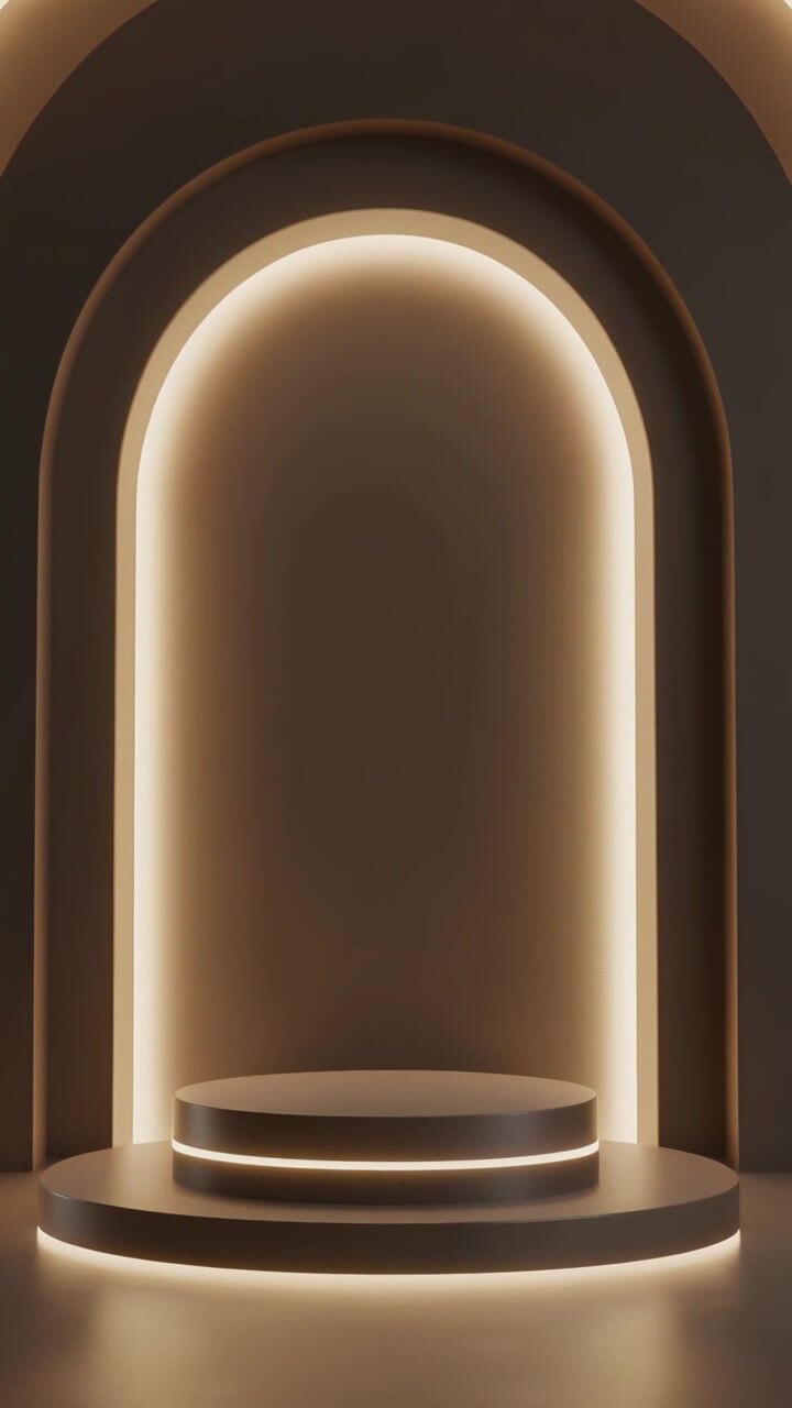 Elegante fondale ad arco in bronzo scuro con luci LED perimetrali brillanti dietro un doppio podio circolare per l'esposizione di prodotti