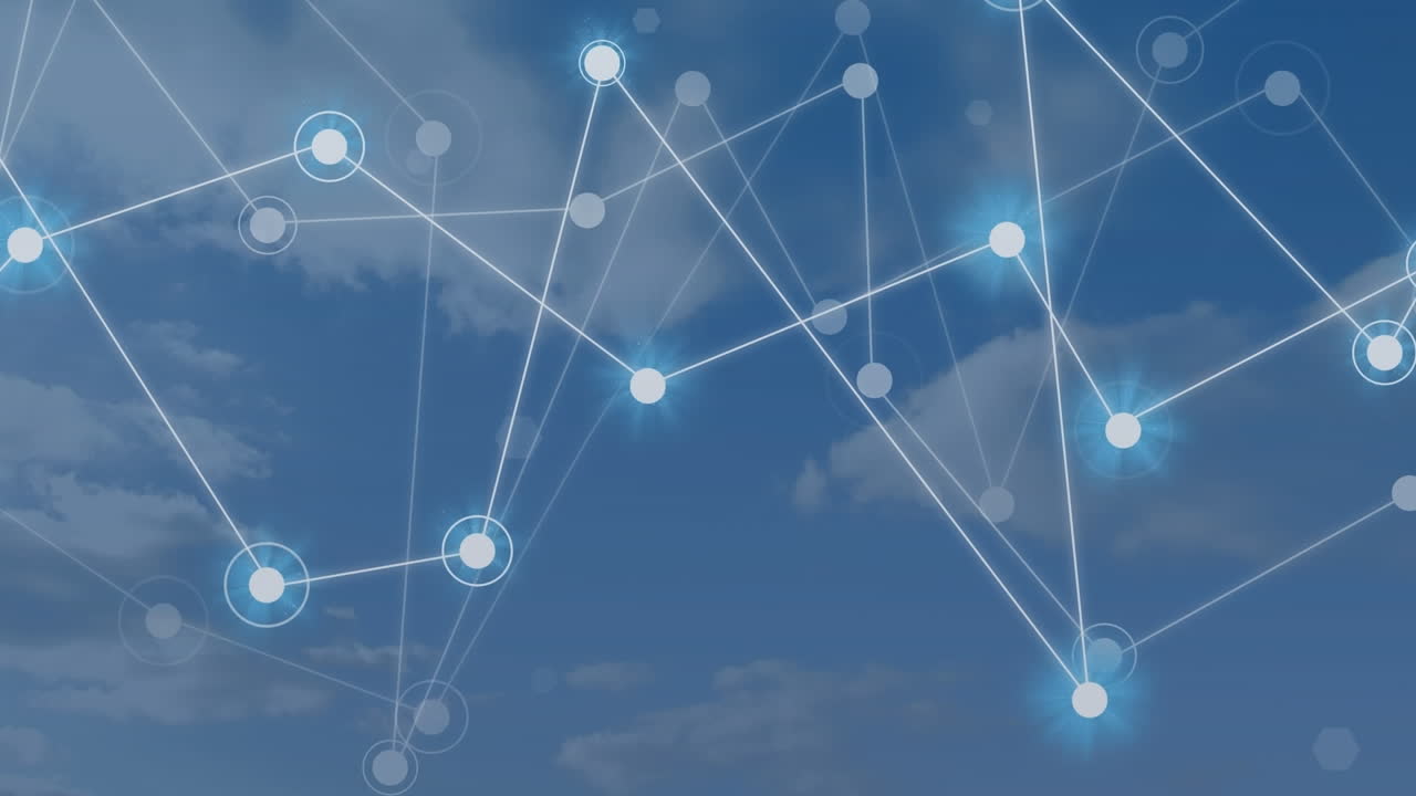 redes de comunicación brillantes que se mueven sobre las nubes en el cielo azul.