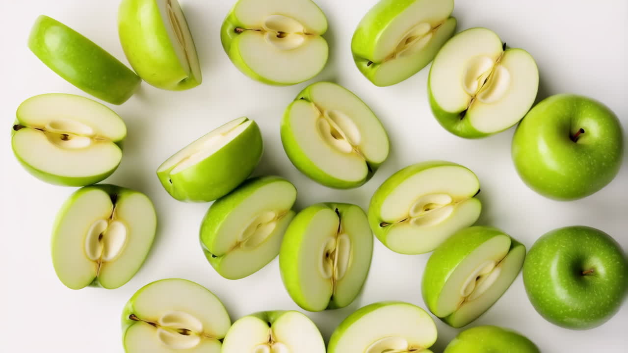 Green Apples, Whole and Sliced, on a White Background
