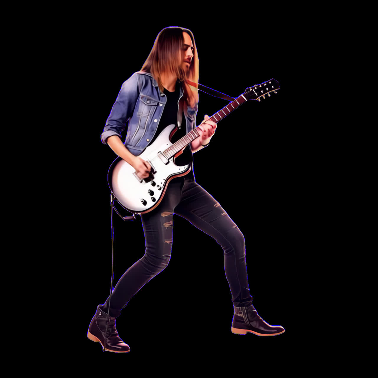 Rockgitarristen-Animation als isoliertes Asset, transparentes 4K-Video, Alphakanal, ProRes 4444