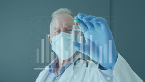 animación de gráficos de barras moviéndose sobre el médico caucásico senior en la máscara sacudiendo el vial lleno de líquido.