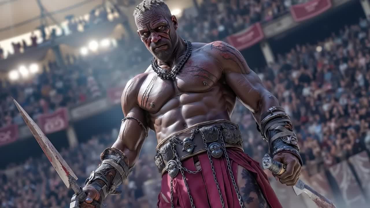 A man in a red outfit holding two swords in front of a crowd