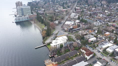 aerial view of a town by the coast on an overcast day