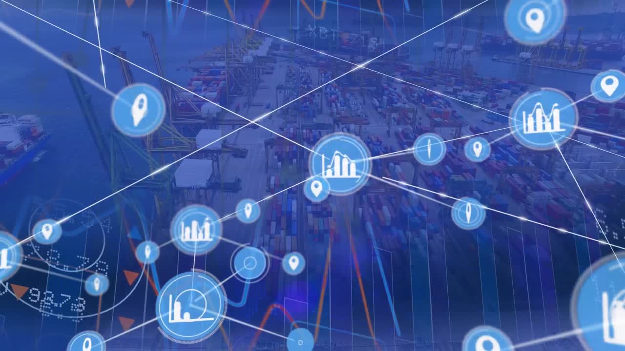 통계와 포트 위의 아이콘과 배경에서 연결 네트워크의 애니메이션