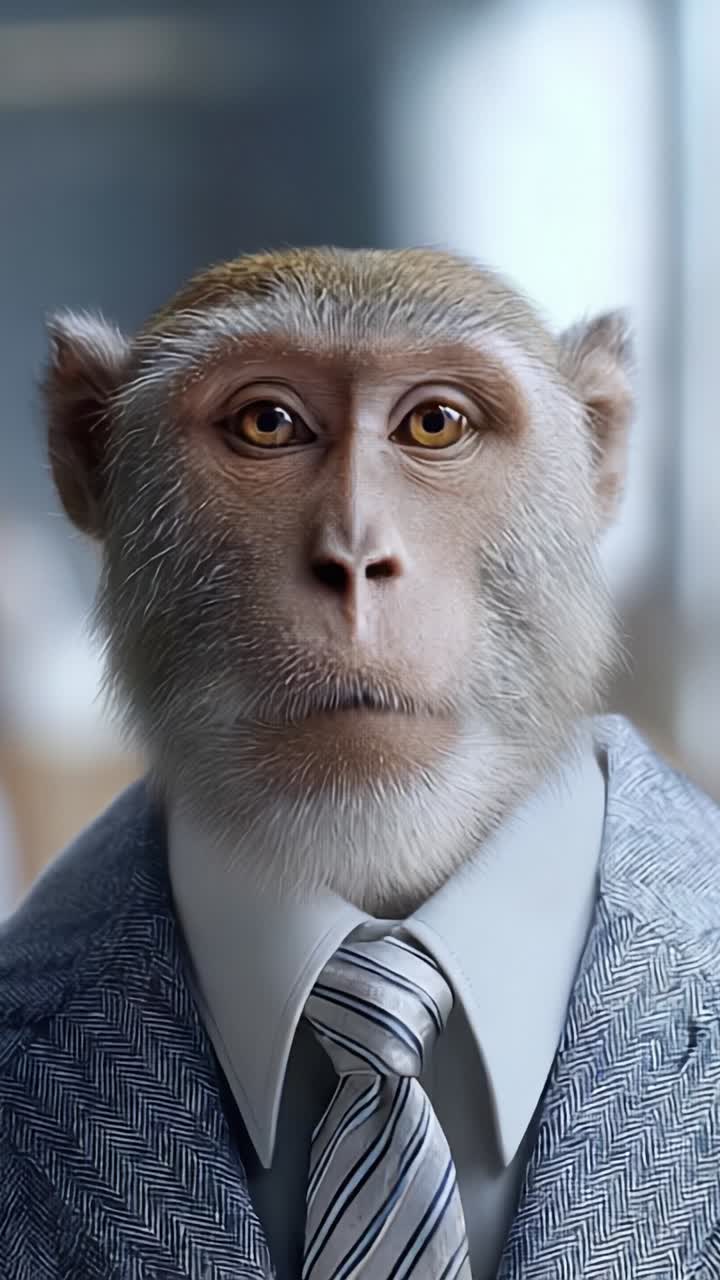 A Thoughtful Monkey Dressed in a Suit Captivatingly Observes the Environment with Intense Eyes, Highlighting the Unique Blend of Nature and Human Characteristics