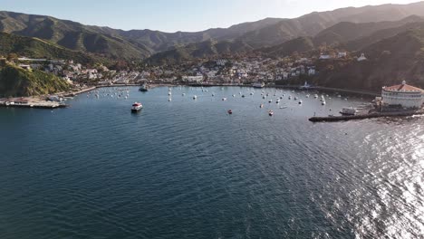 Catalina-island,-avalon-harbor-with-boats-and-surrounding-hills-in-sunlight,-aerial-view