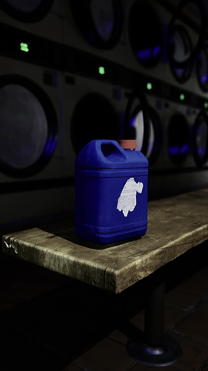Laundry room late at night with a blue detergent container on a bench