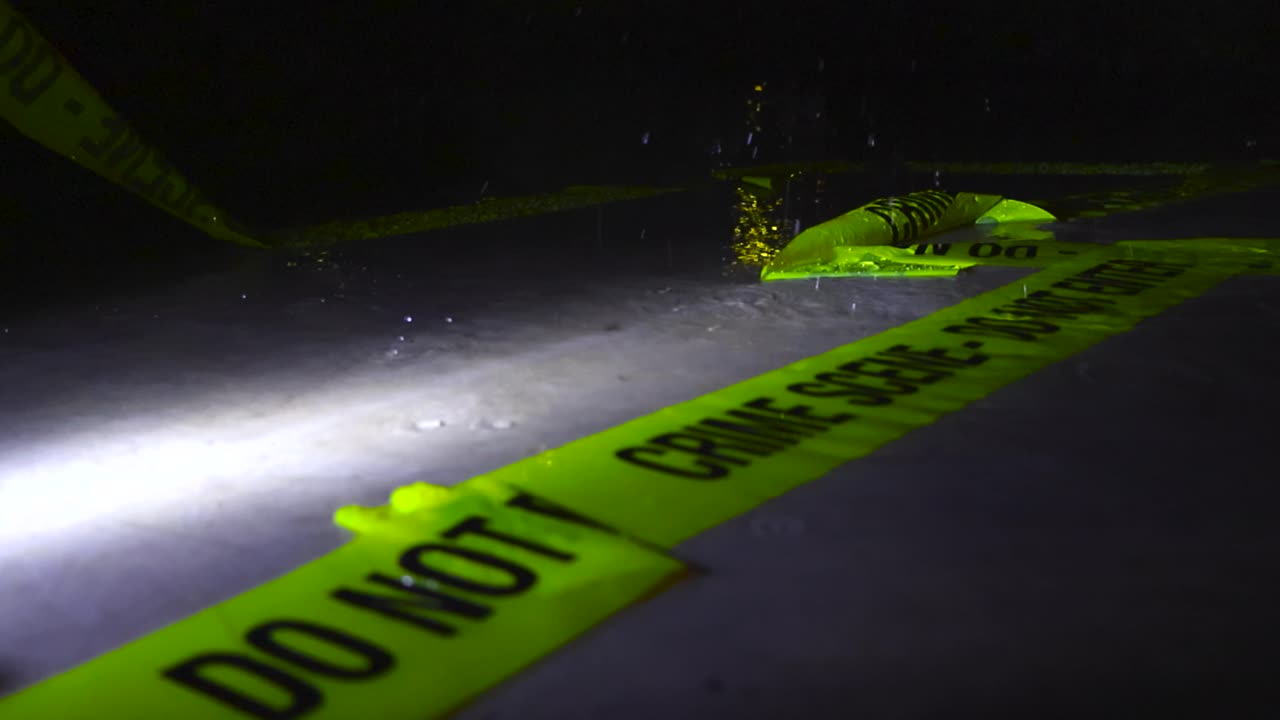 Slow motion footage of raindrops falling on an abandoned yellow crime scene tape that is on a water covered concrete ground during night time lit by a flashlight. The water is splashing and flying