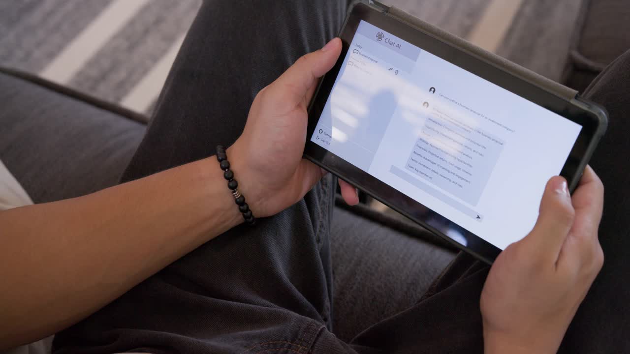 Asian man sitting on sofa at home holding tablet, tapping screen and wearing black beaded bracelet