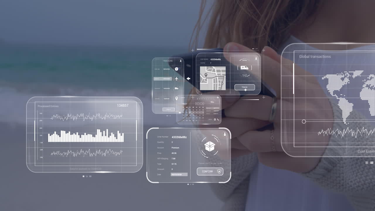 animación de datos en pantallas sobre mujer caucásica con teléfono inteligente