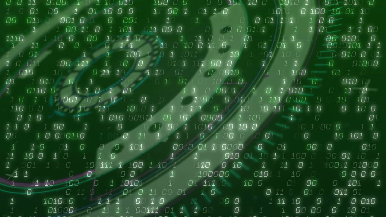 Floating binary digits streaming over green circular tech diagrams in flat design