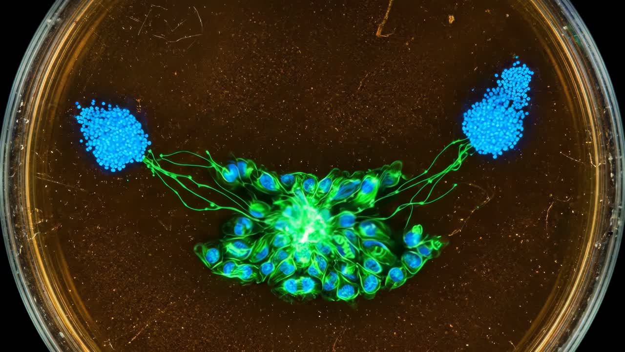Cellule fluorescenti in migrazione e aggregazione in una capsula di Petri