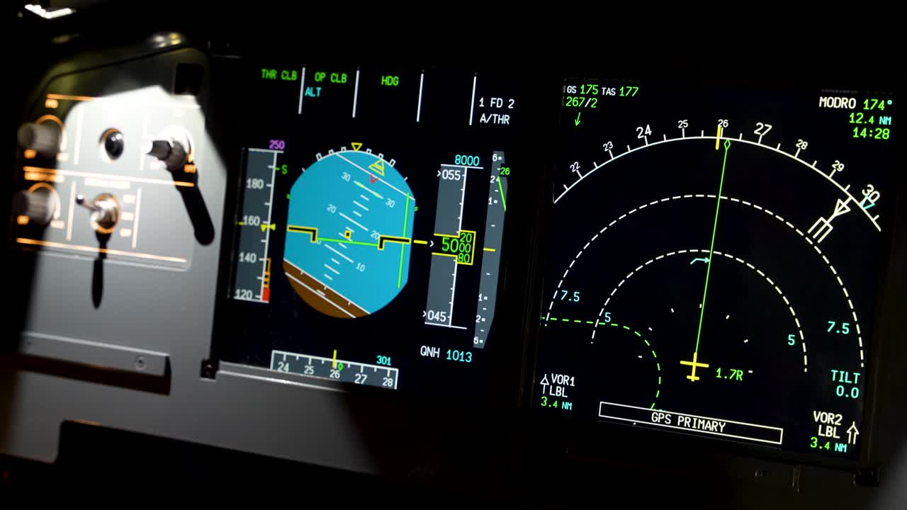 A detailed view of the cockpit instruments and controls of an Airbus A320 aircraft, showcasing the complex navigation and flight control systems