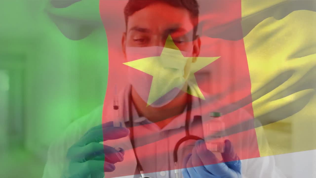 카메룬의  ⁇ 발이 흔들리는 애니메이션 의사가 얼굴 마스크를 쓰고 백신을 들고 있다