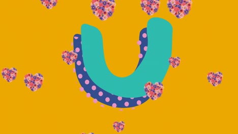 animación de la ilustración de forma manchada azul y rosa, con corazones florales sobre fondo amarillo