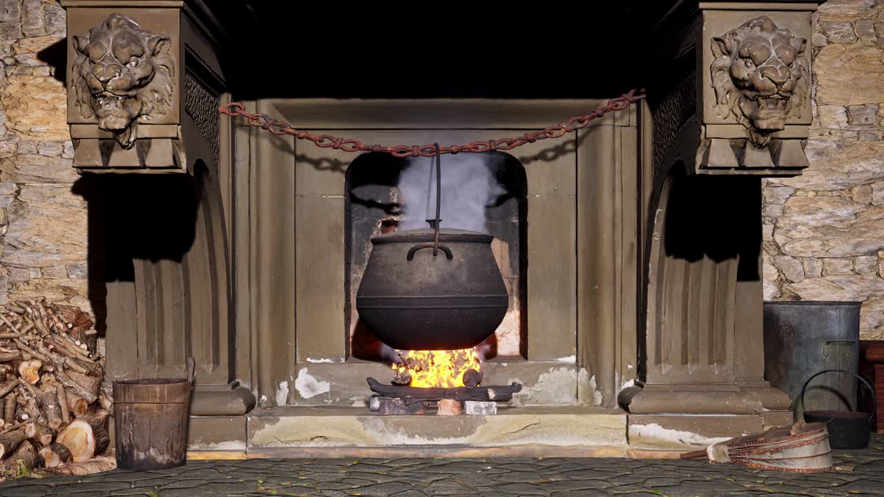 중세 벽난로에서 울부는 불 위에 녹슬은 사슬에 매달린 큰 오래된 요리 비