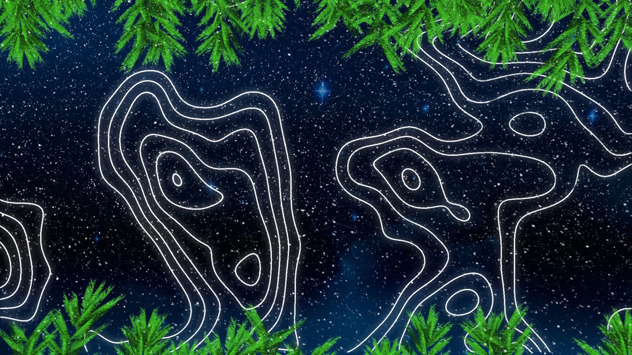 animación de luces de hadas, decoración de abeto, nieve cayendo sobre el cielo