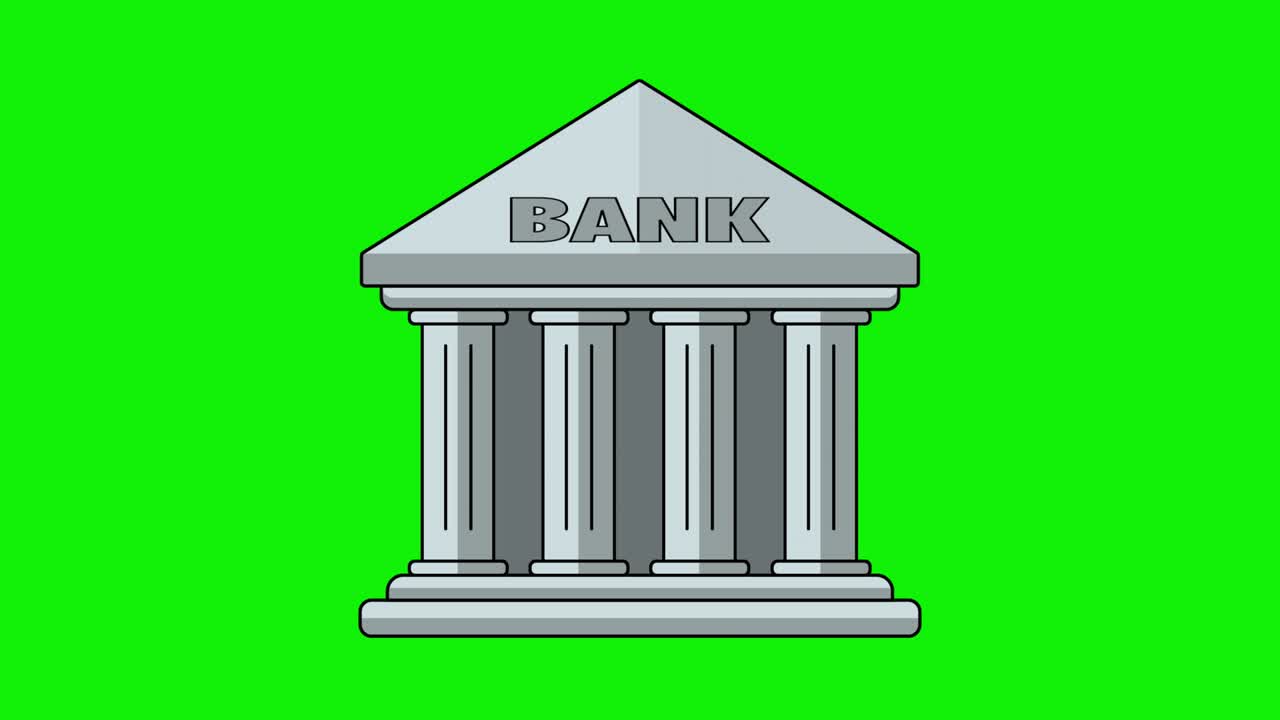 Bank building. Animation of Bank cartoon icon isolated on green screen background. Saving money icon. Cash savings symbol. Flat designe financial animation with bank building. Video 4K. Alpha channel.