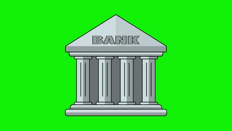 edificio del banco. animación del icono de dibujos animados del banco aislado en el fondo de la pantalla verde. icono de ahorro de dinero. símbolo de ahorro en efectivo. animación financiera de diseño plano con edificio del banco. video 4k. canal alfa.