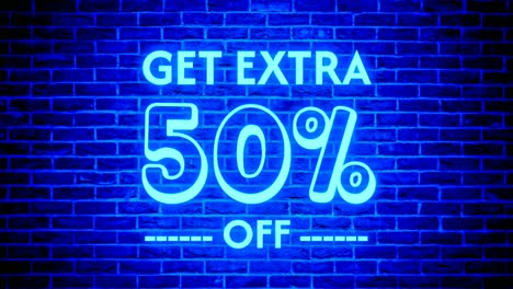 Neon-light-Get-Extra-50-percent-off-text-box-modern-banner-animation-motion-graphics-on-brick-wall-background