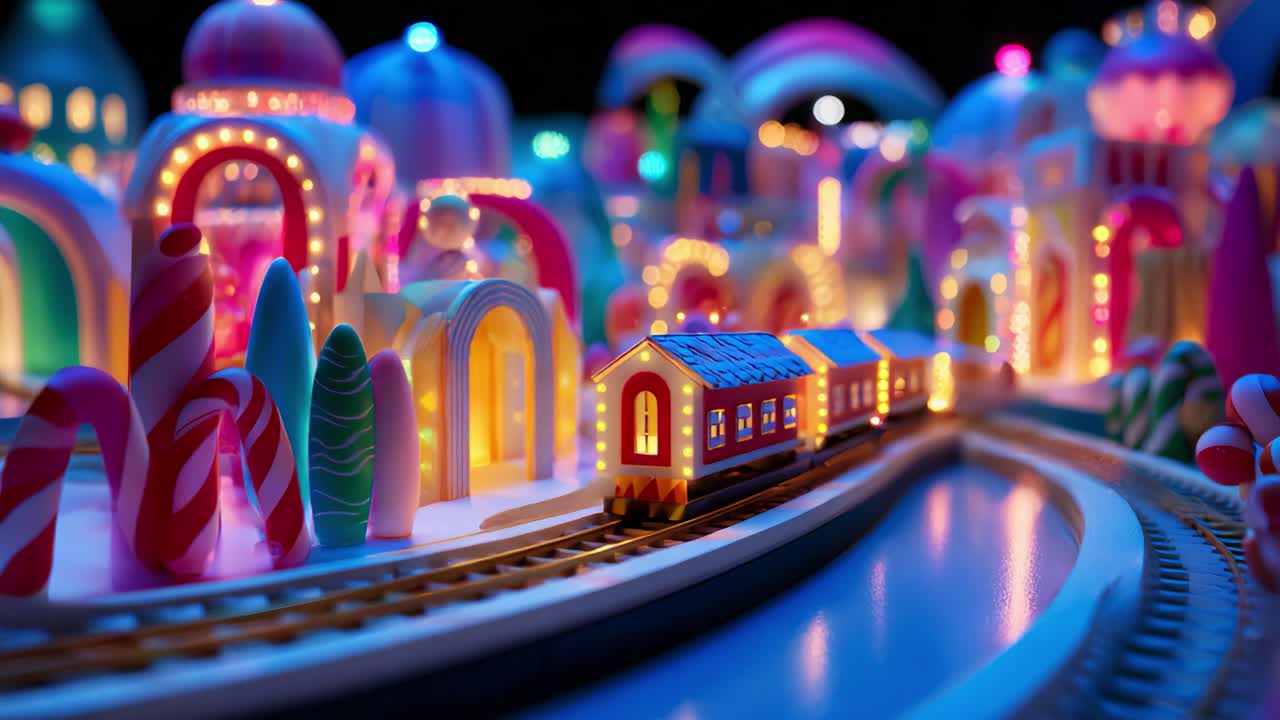 A Magical Train Journey Through a Colorful Candy Wonderland Filled with Charming Decorative Buildings, Twinkling Lights, and Whimsical Landscapes That Enchant the Imagination and Celebrate Joyful Festivities