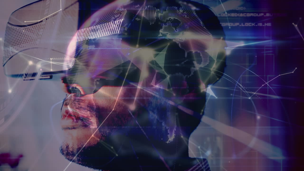Animation of network of connections and globe over businessman wearing vr headset