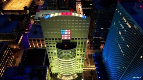 Downtown-Des-Moines,-Iowa-buildings-at-sunset-close-up-with-drone-video-moving-down-and-tilting-up