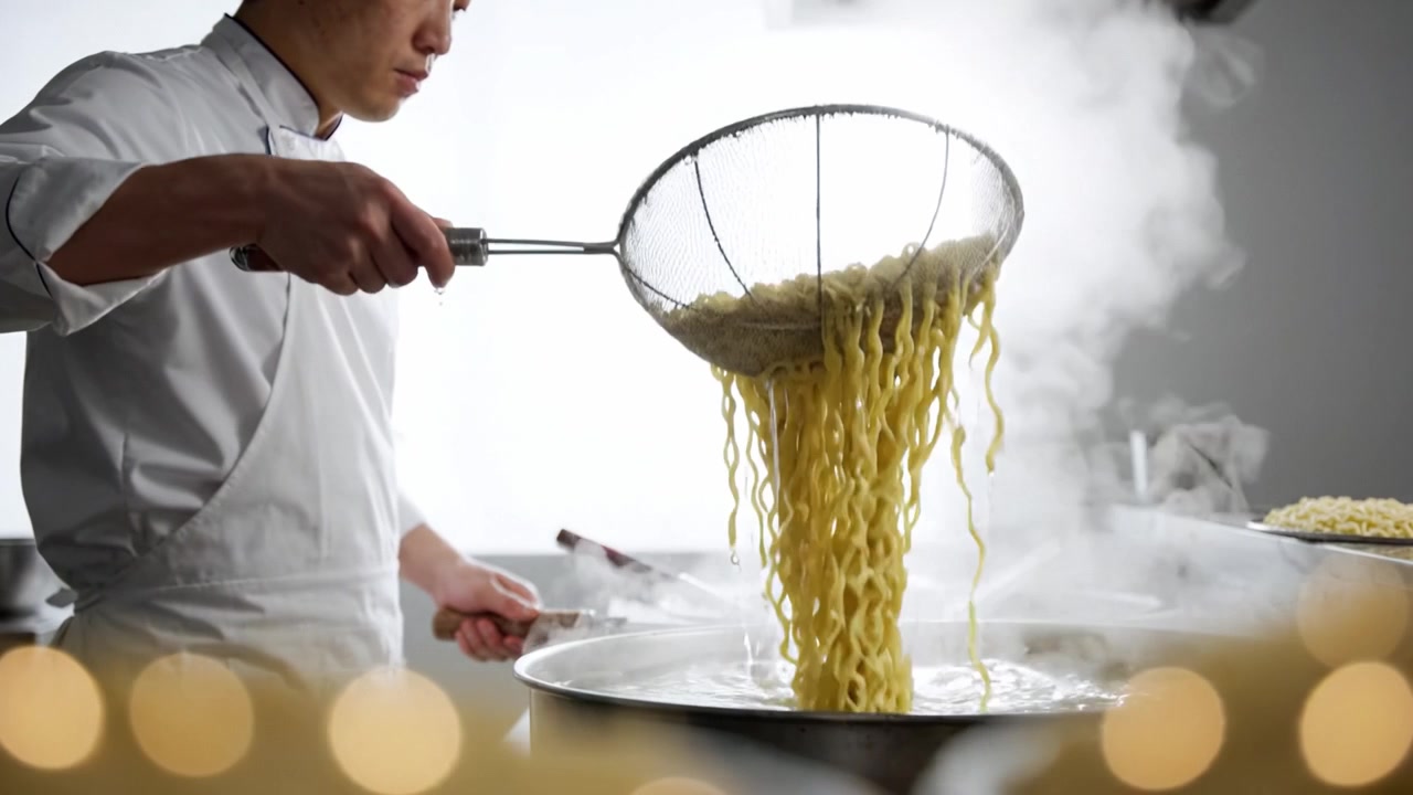 Uno chef esperto scola con maestria noodles fumanti in una cucina professionale, mettendo in mostra l'abilità culinaria e l'arte della cucina giapponese con precisione.