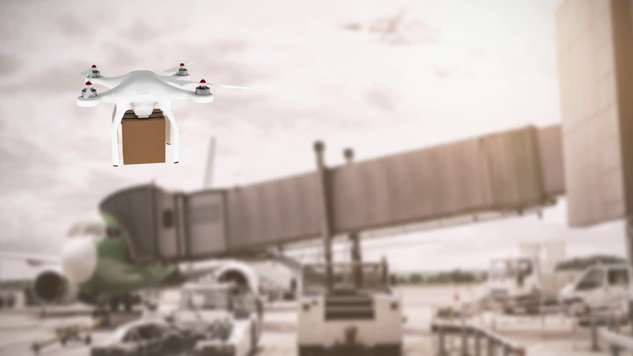 drone llevando una caja en un aeropuerto