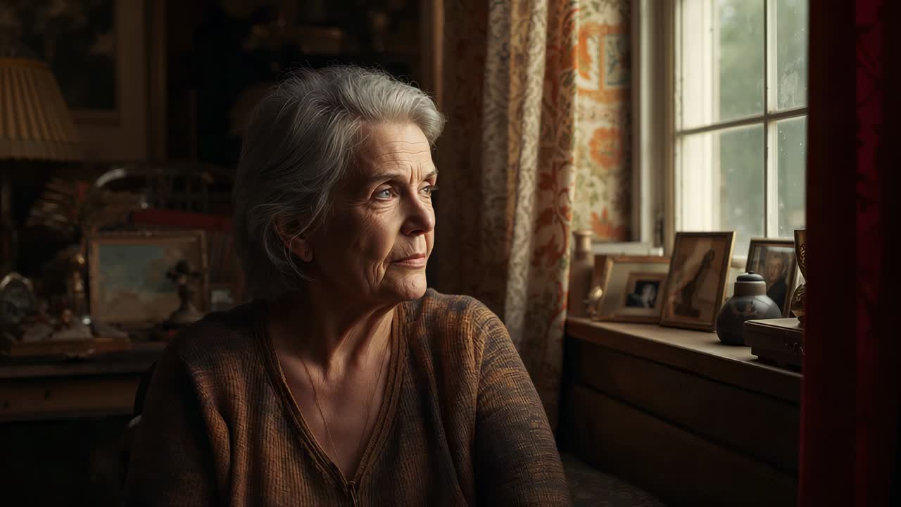 Gazing senior in brown sweater settling at home, sun drawing eye through paned window with frames