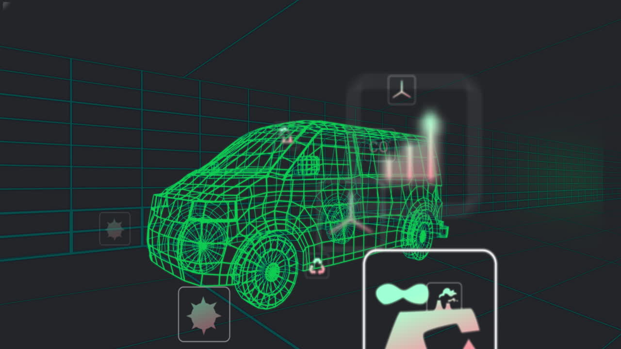 터널에서 원활한 패턴으로 움직이는 3d 밴 모델 위의 여러 디지털 아이콘의 애니메이션
