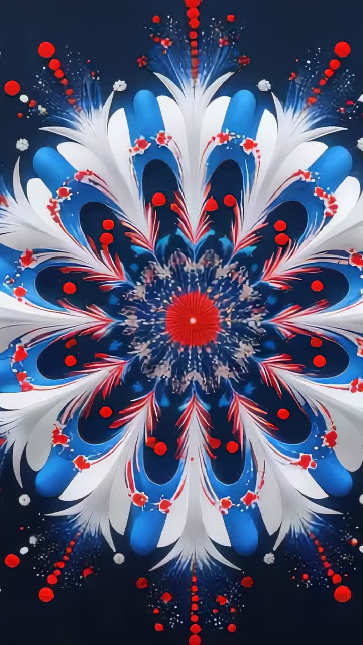 Dikey video: Kırmızı noktalı, lacivert arka plan üzerinde dönen ve döngüye giren mandala deseni başlatılıyor