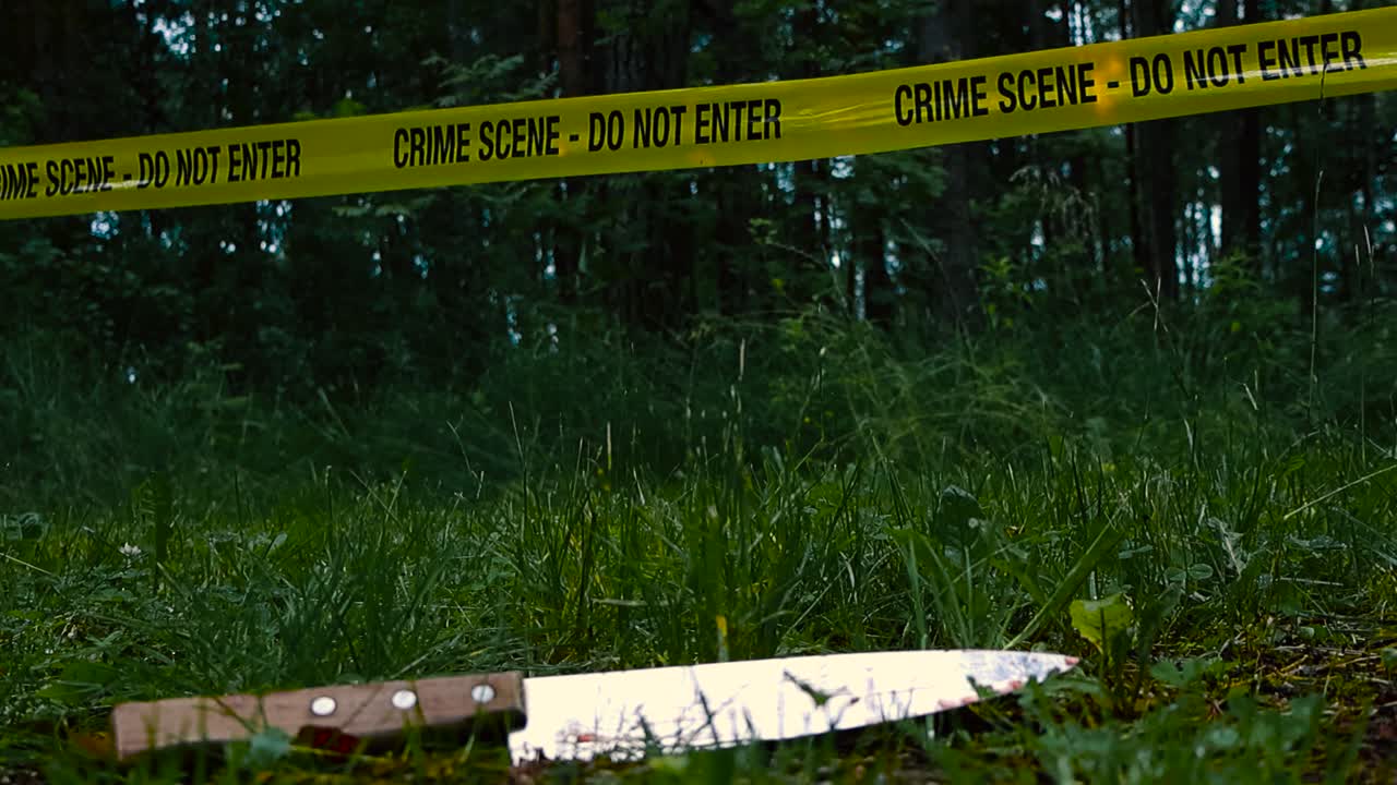 Low angle close up or closeup footage of a shiny and bloody kitchen knife on green grass in a forest with a yellow Crime Scene Do Not Enter tape hanging above evidence during a rainy and cloudy day