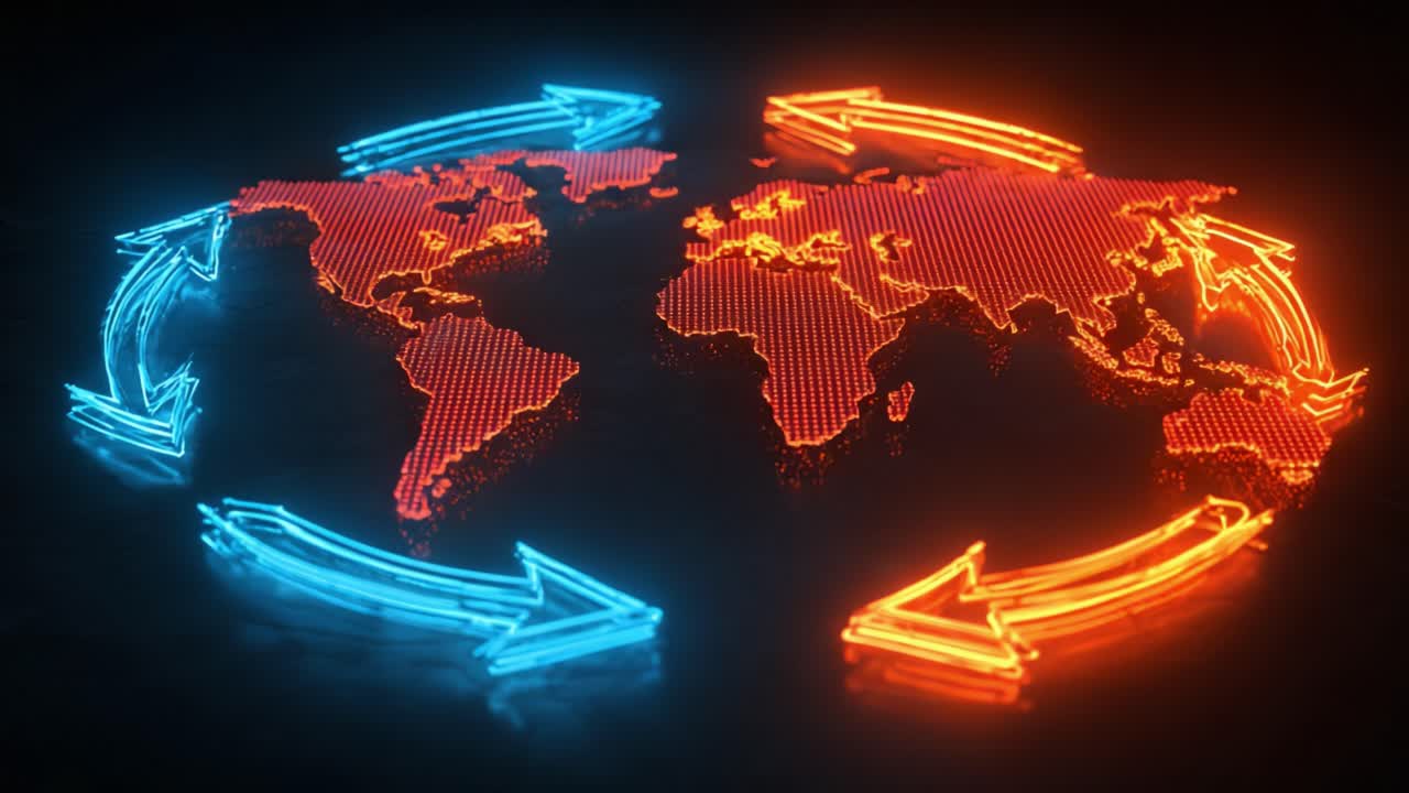 Neon arrows circling a digital world map, symbolizing the contrast between hot and cold air and ocean currents, representing the concept of climate change and global warming on our planet