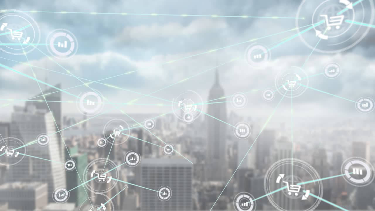 Animazione di una rete di connessioni con icone sovrapposta a una rete cloud.