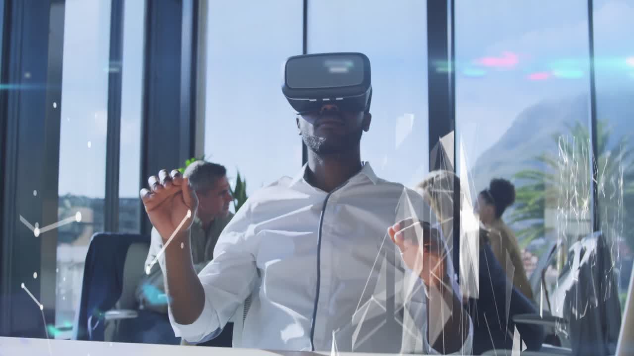 Animation of data processing and shapes over diverse business people in office